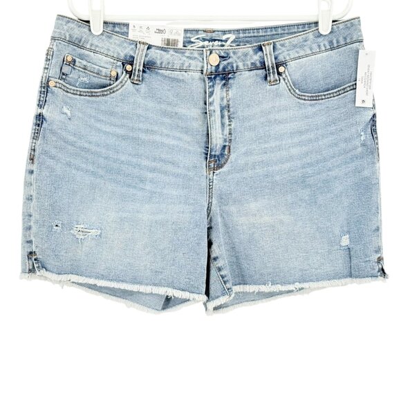 Seven7 Women's Distressed Fray Hem Stretch Weekend Blue Denim Shorts Size 14 NWT - Picture 1 of 11